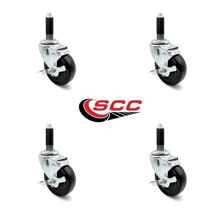 4 Inch Hard Rubber Wheel Swivel 7/8 Inch Expanding Stem Caster Set Brake SCC